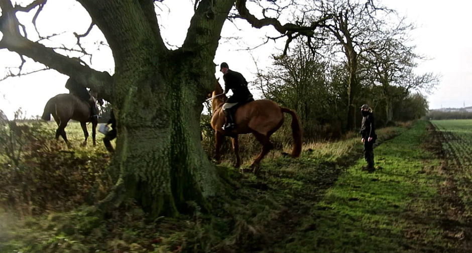 Hunt saboteurs following the Puckeridge Hunt in Ashdon, Essex, january 2016. PHOTO Cambridge Hunt Sabs