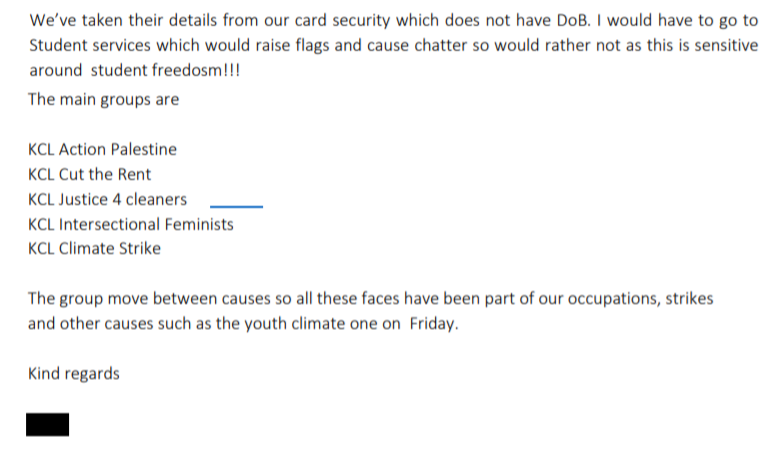 Emailing from KCL Head of Security naming "suspect" student societies
