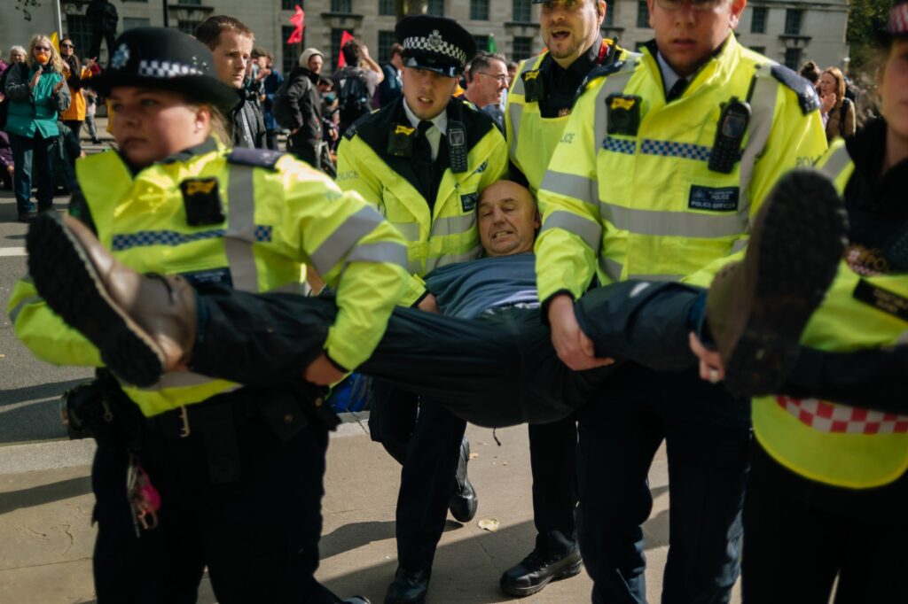 Protester arrested during Extinction Rebellion protests in London, October 2019